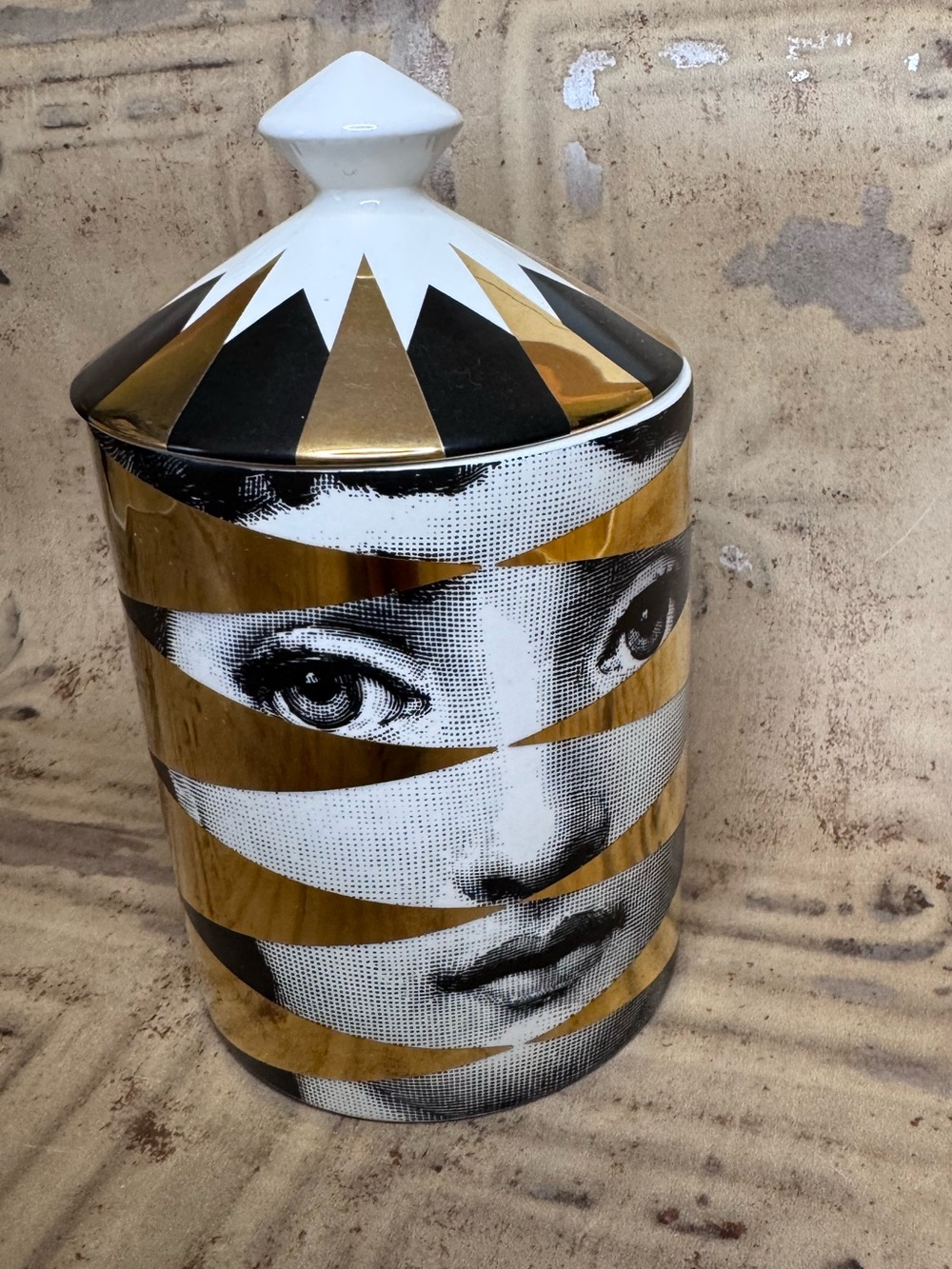 Fornasetti Gold, Black & White Porcelain Canister with Striped Face Motif